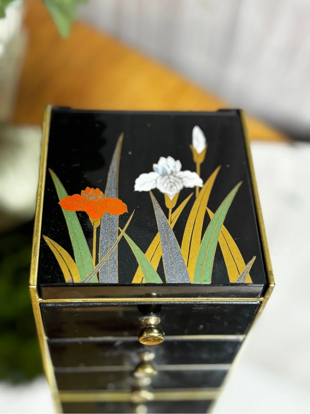 Otagiri Black Lacquer 3-Drawer Jewelry Chest with Floral Motif and Gold Trim